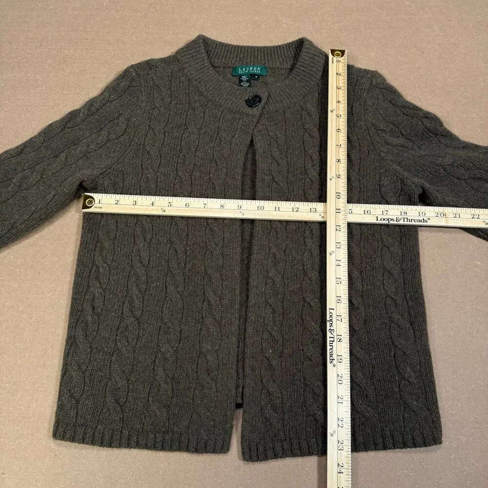 Ralph Lauren Brown Olive Green Wool Cable Knit Cardigan 3/4 Length Sleeve